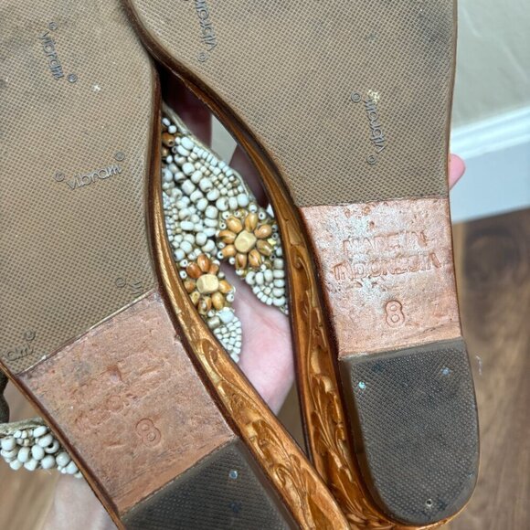 Tommy Bahama Beaded Carved Wood Wedge Flip Flop Thong Sandals Beachy Boho - Picture 13 of 15